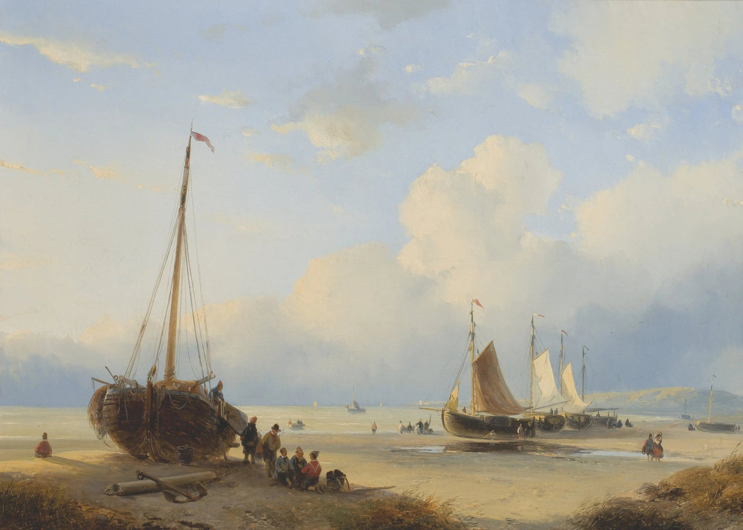 Landscape oil painting of a coastal beach with boats and small figures under a cloudy sky, hand painted oil on canvas with. - Add Frame, Boat, Canvas, Coastal, Figure, Hand Painted, Landscape, Made To Order, Oil Painting, Seascape