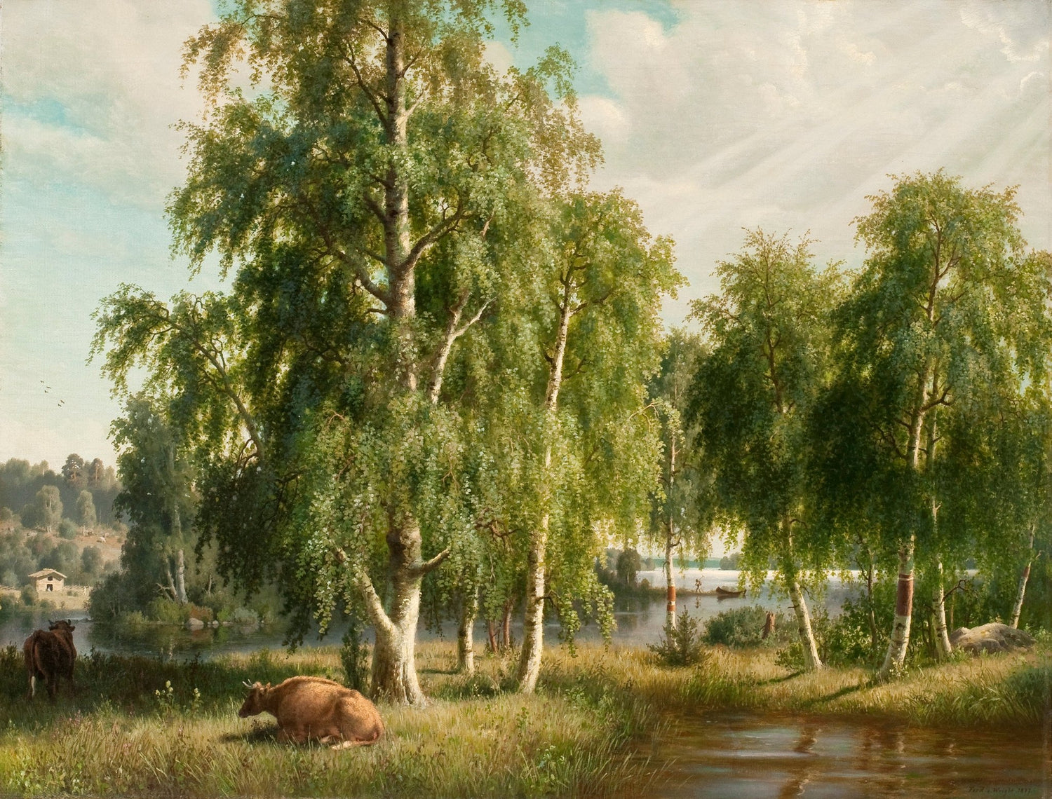 Hand-painted birch grove by river with grazing cows landscape oil painting on canvas