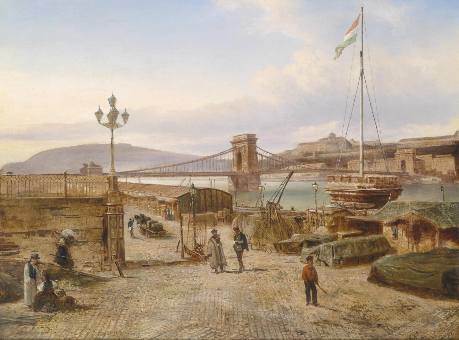 Landscape Oil Painting - Budapest Port: Chain Bridge, Castle Hill & Flag - Oil Painting Haven