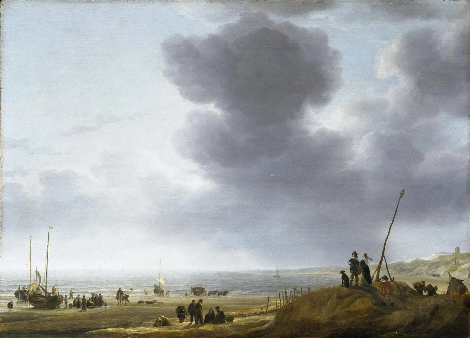 Landscape oil painting of a busy beach with figures and sailing ships under a cloudy sky, textured brushwork on oil on canvas. - Add Frame, Canvas, Coastal, Figure, Hand Painted, Landscape, Made To Order, Oil Painting, Seascape