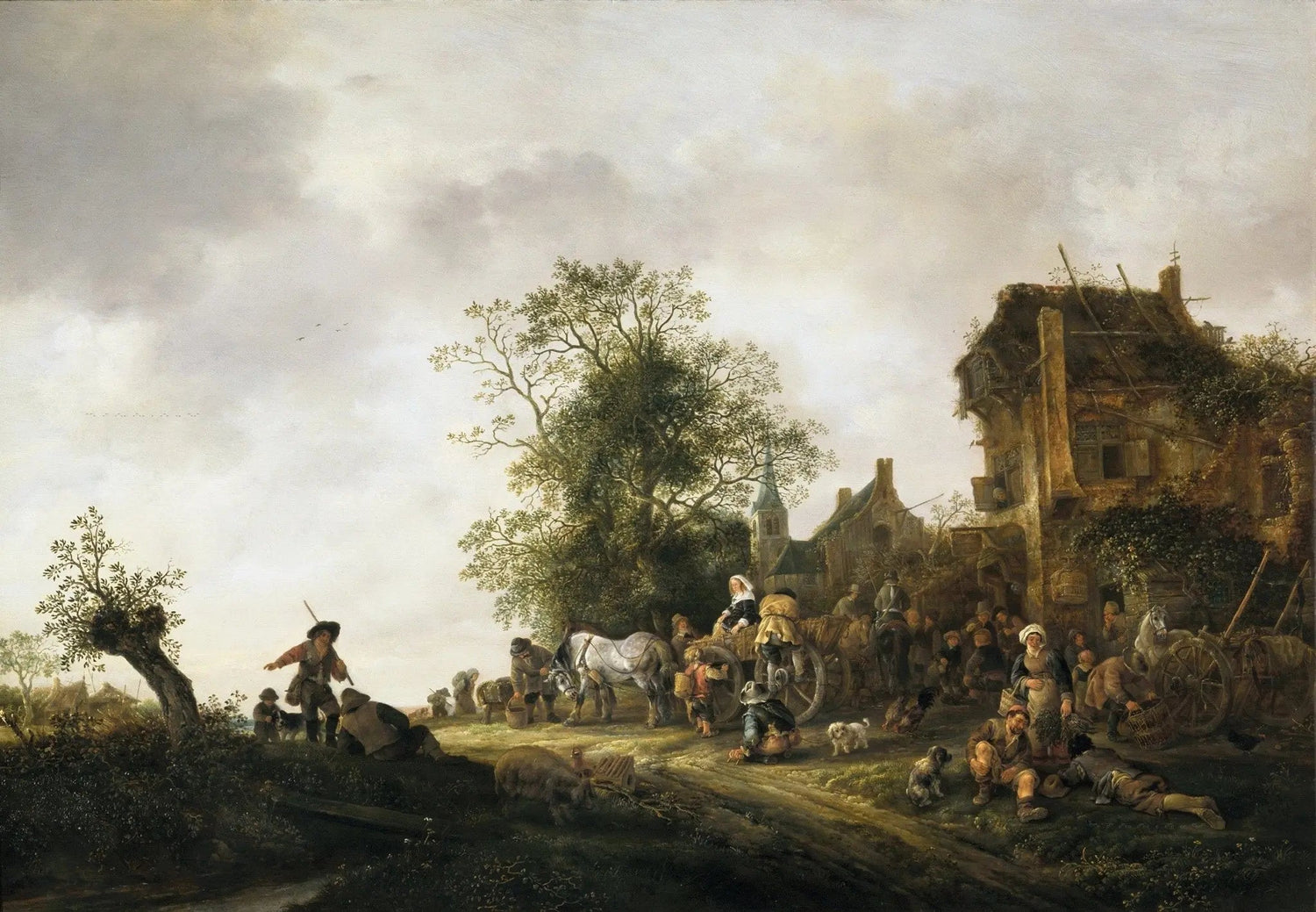 Hand painted landscape oil painting on canvas featuring busy rural inn scene with figures and animals, textured brushwork. - Add Frame, Animal, Canvas, Country, Figure, Hand Painted, Landscape, Made To Order, Oil Painting, Village