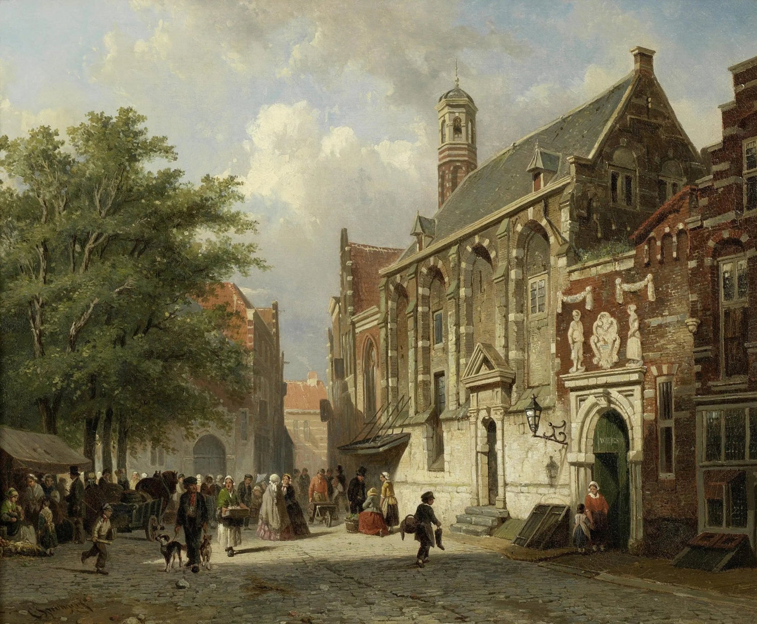 Hand painted oil on canvas landscape oil painting showing a busy street with historic brick buildings and textured brushwork . - Add Frame, Architecture, Canvas, Figure, Forest, Hand Painted, Landscape, Made To Order, Oil Painting, Village