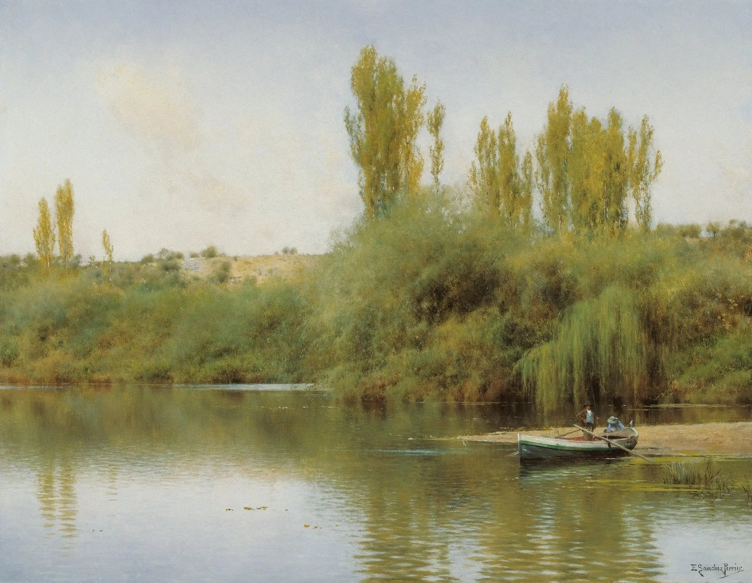 Landscape oil painting of a calm lake with a small boat near lush green foliage and tall trees, hand painted oil on canvas. - Add Frame, Boat, Canvas, Hand Painted, Lake, Landscape, Made To Order, Oil Painting
