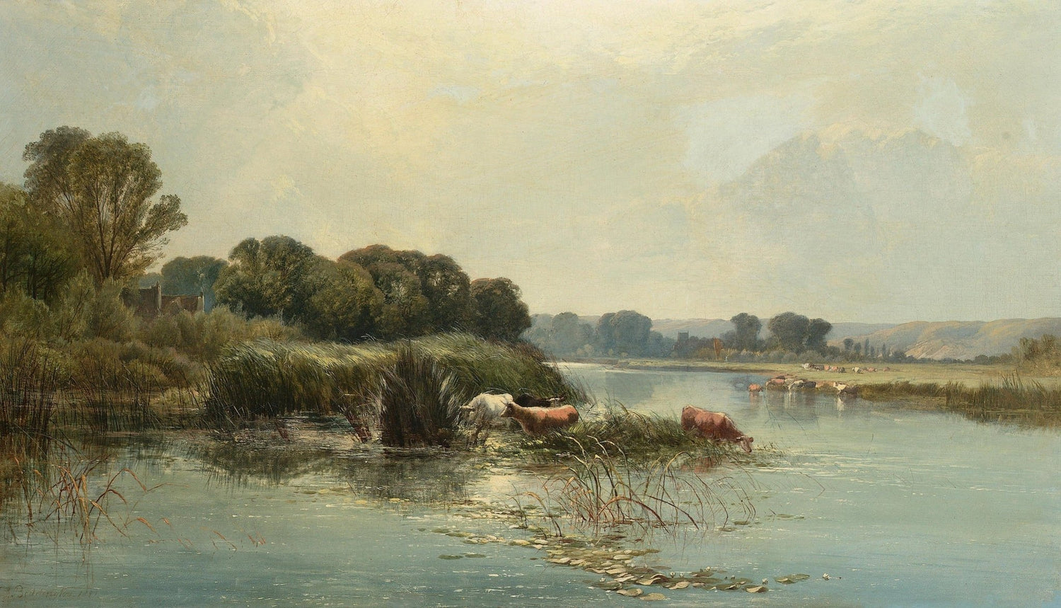 Hand-painted calm riverside with grazing cattle landscape oil painting on canvas