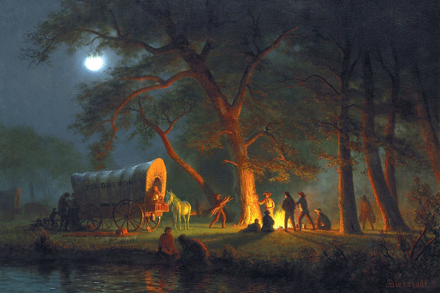 Peinture à l'huile de paysage - Feu de camp au clair de lune
