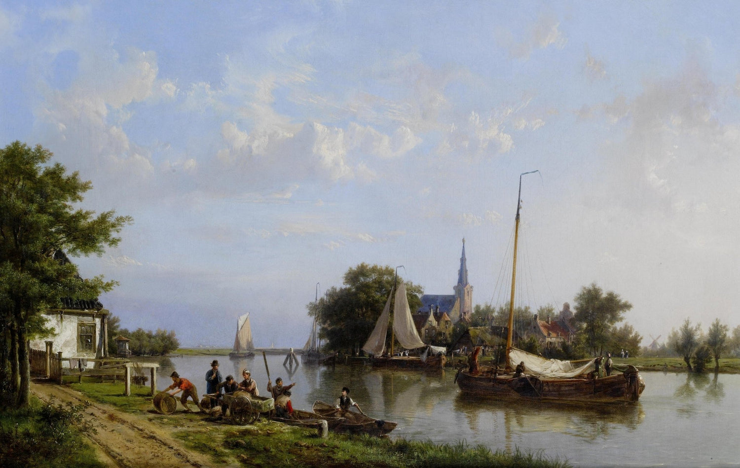 Landscape Oil Painting - Canal, Sailboats, River Town & Church Spire - Oil Painting Haven