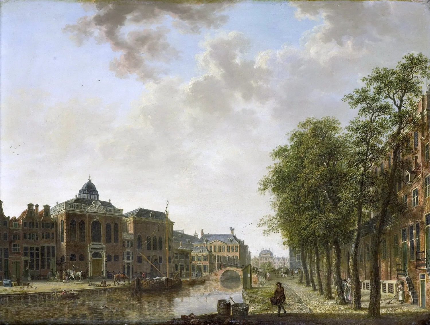Landscape oil painting of a canal scene with historic buildings, figures by the water, and tall trees lining the right side, . - Add Frame, Architecture, Canal, Canvas, Figure, Hand Painted, Landscape, Made To Order, Oil Painting, Venice