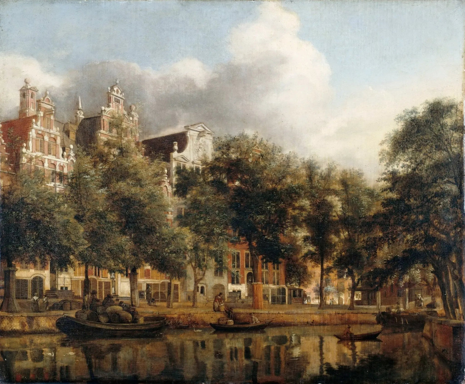 Landscape oil painting of a canal with boats, city buildings, and lush trees, textured brushwork on canvas. - Add Frame, Boat, Canal, Canvas, Forest, Hand Painted, Landscape, Made To Order, Oil Painting, Venice