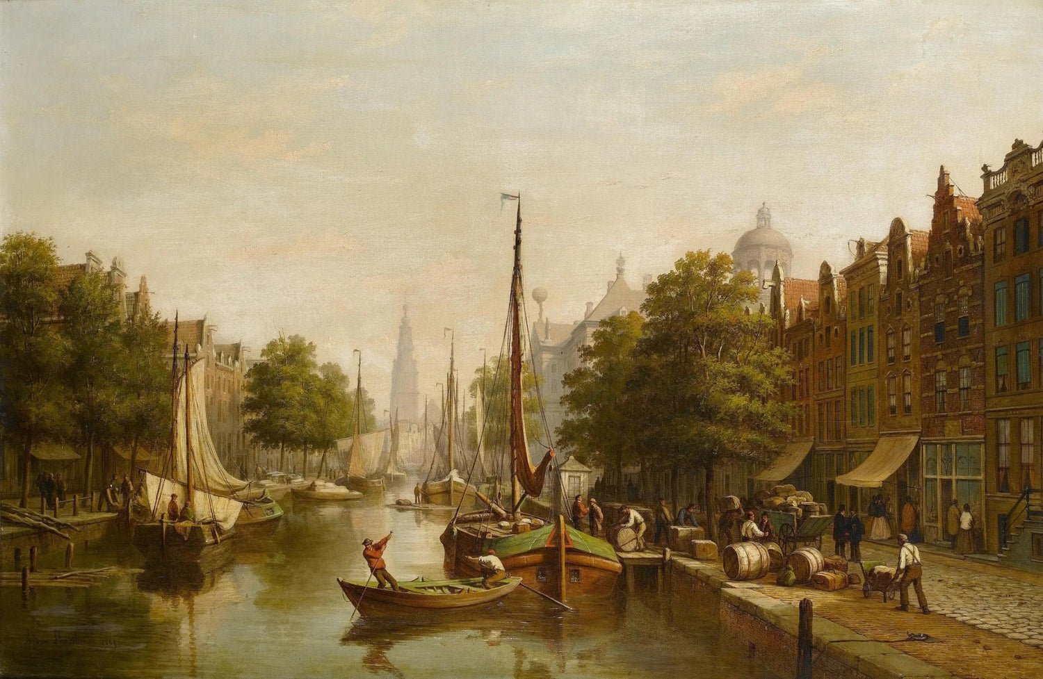 Landscape oil painting on canvas featuring a serene canal with boats and figures, textured brushwork highlights detailed. - Add Frame, Architecture, Boat, Canal, Canvas, Figure, Forest, Hand Painted, Harbor, Landscape, Made To Order, Oil Painting, Seascape, Venice