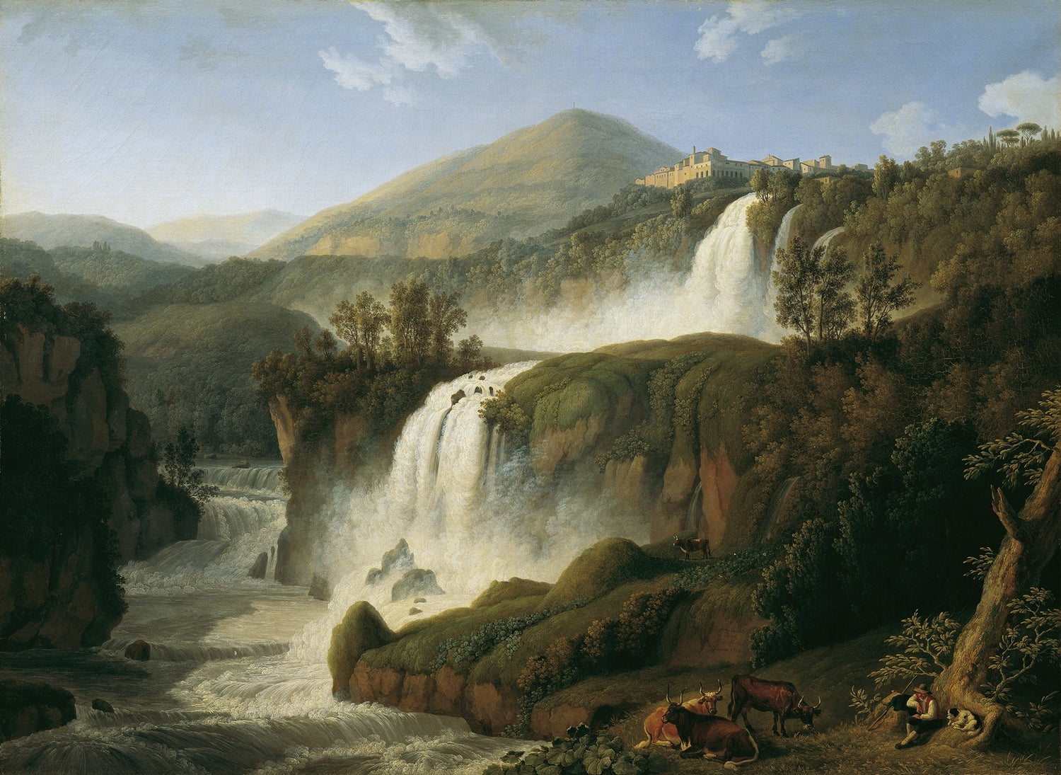 Landscape Oil Painting - Cascading Waterfalls, River, Hilltop Structure - Oil Painting Haven
