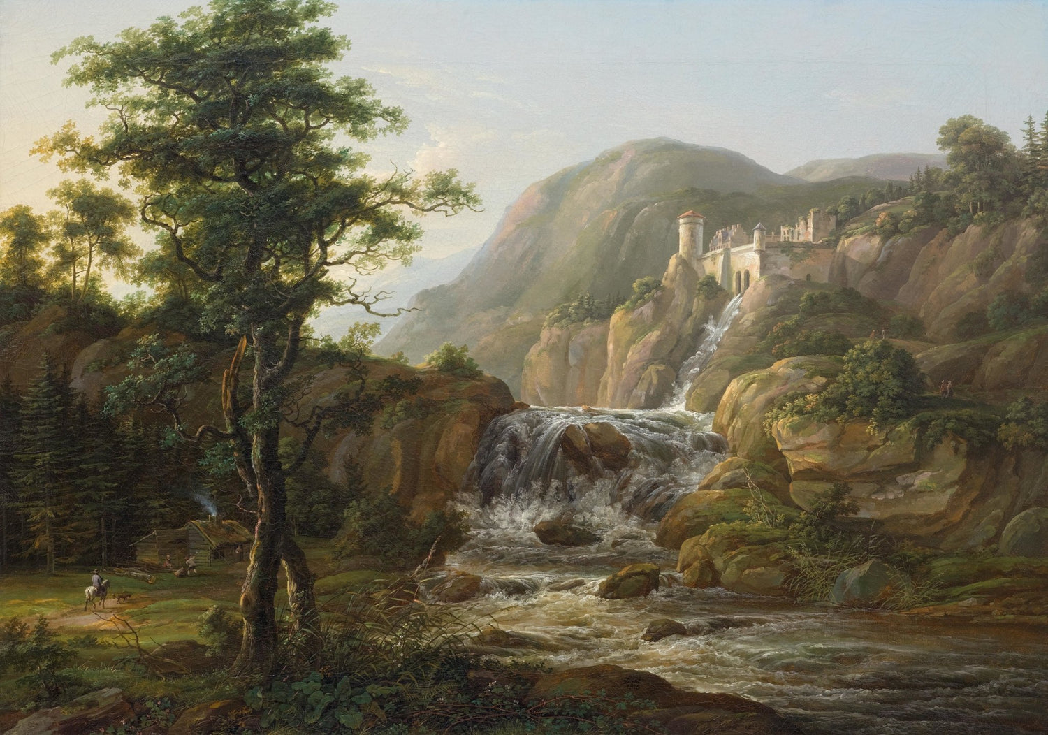 Hand-painted castle, waterfall and mountain view landscape oil painting on canvas