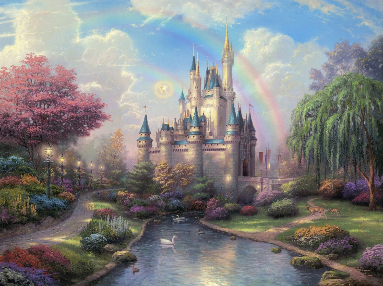 Landscape Oil Painting - Castle with Rainbow & Garden Stream - Oil Painting Haven