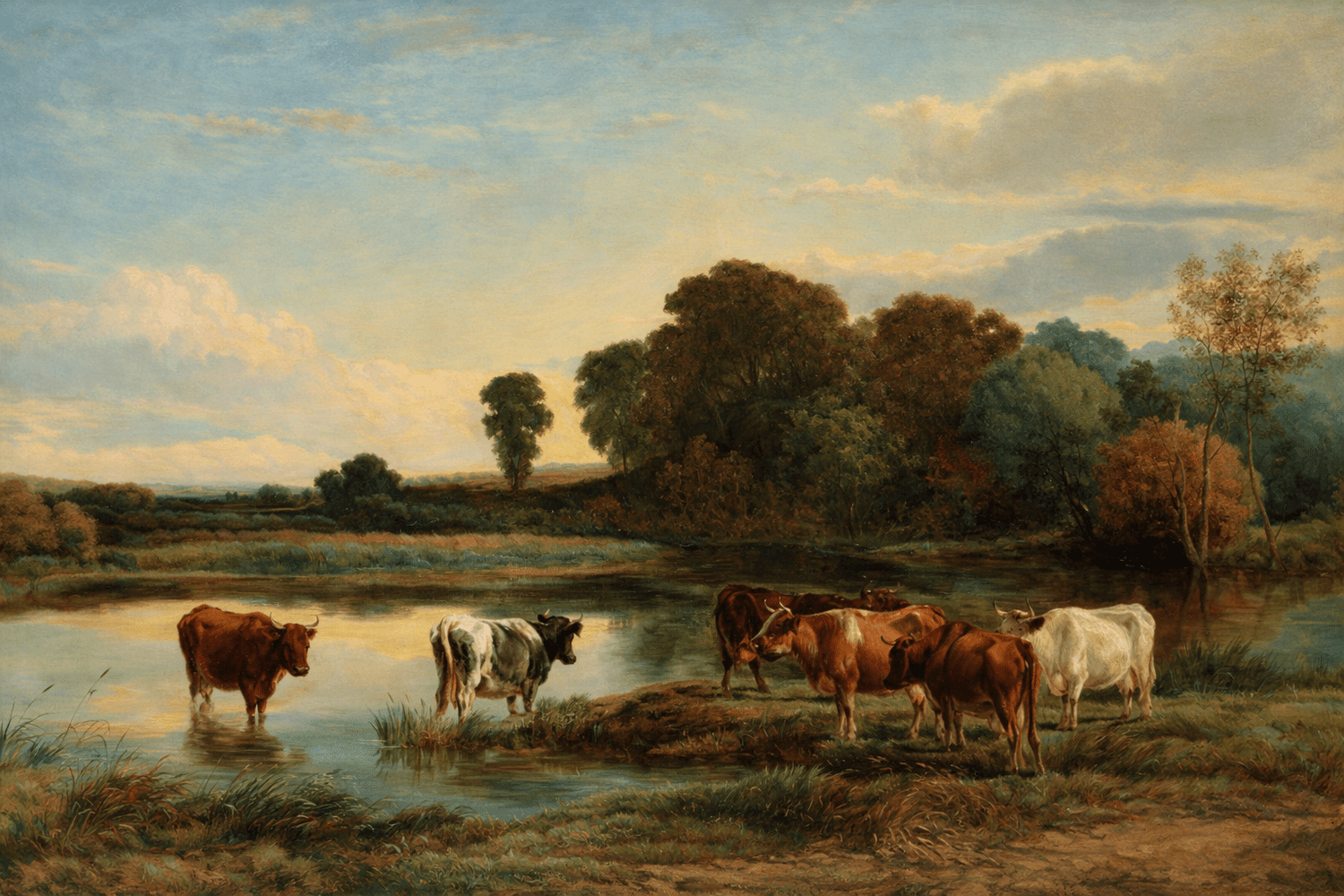 Hand-painted cattle by a quiet river at sunset landscape oil painting on canvas