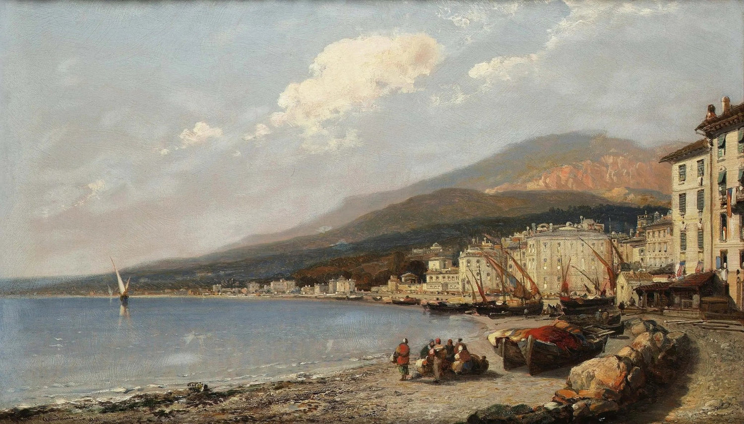 Landscape oil painting of a coastal town with boats and figures, textured brushwork capturing calm sea, sandy shore, and. - Add Frame, Architecture, Boat, Canvas, Coastal, Figure, Hand Painted, Landscape, Made To Order, Mountain, Oil Painting, Seascape, Village