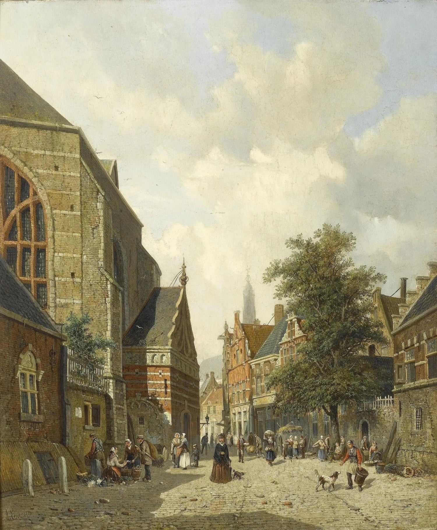 Hand painted landscape oil painting of a charming town square with a stone church, village figures, and textured brushwork. - Add Frame, Animal, Architecture, Canvas, Church, Figure, Hand Painted, Landscape, Made To Order, Oil Painting, Village