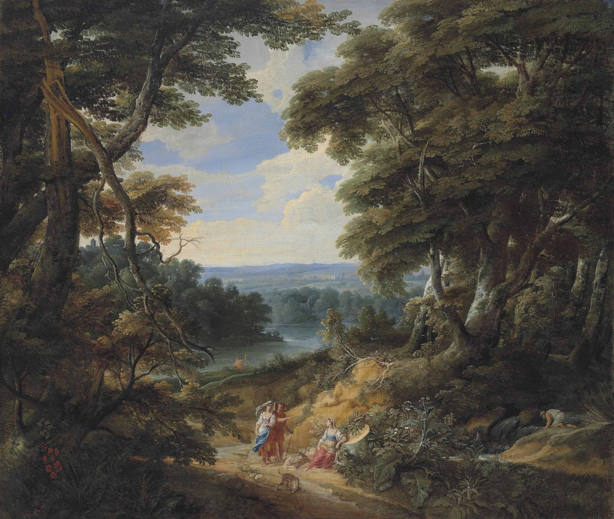 Hand-painted classical forest path with figures landscape oil painting on canvas
