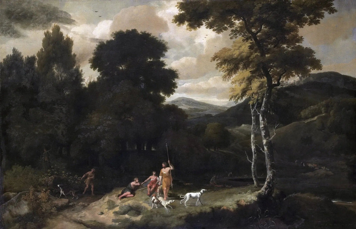 Classical forest landscape oil painting with figures and dogs in clearing, textured brushwork on canvas. - Add Frame, Animal, Canvas, Figure, Forest, Hand Painted, Landscape, Made To Order, Oil Painting