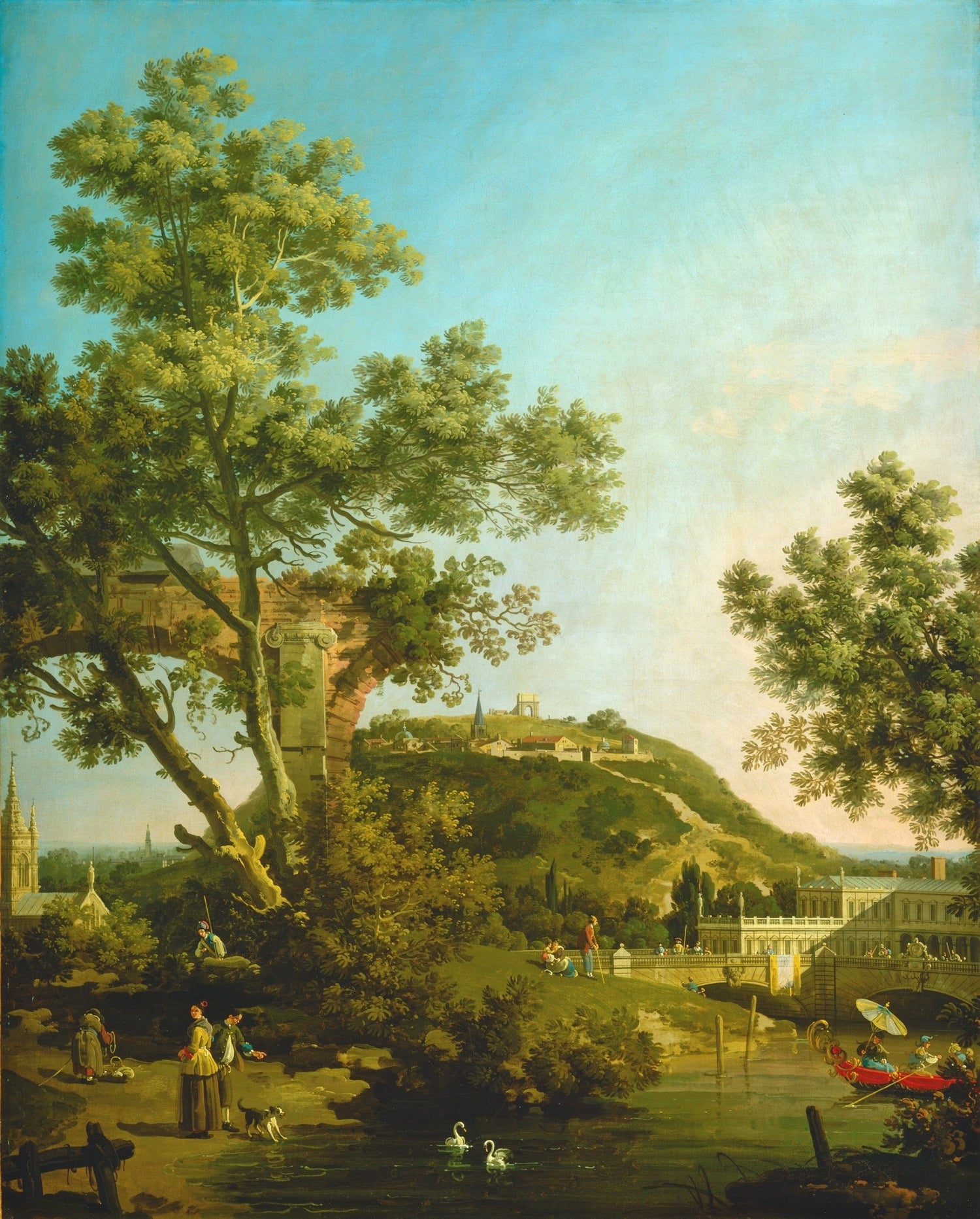 Landscape oil painting with a classical garden bridge, hand painted oil on canvas featuring textured brushwork, green trees, . - Add Frame, Architecture, Canvas, Figure, Garden, Hand Painted, Landscape, Made To Order, Mountain, Oil Painting