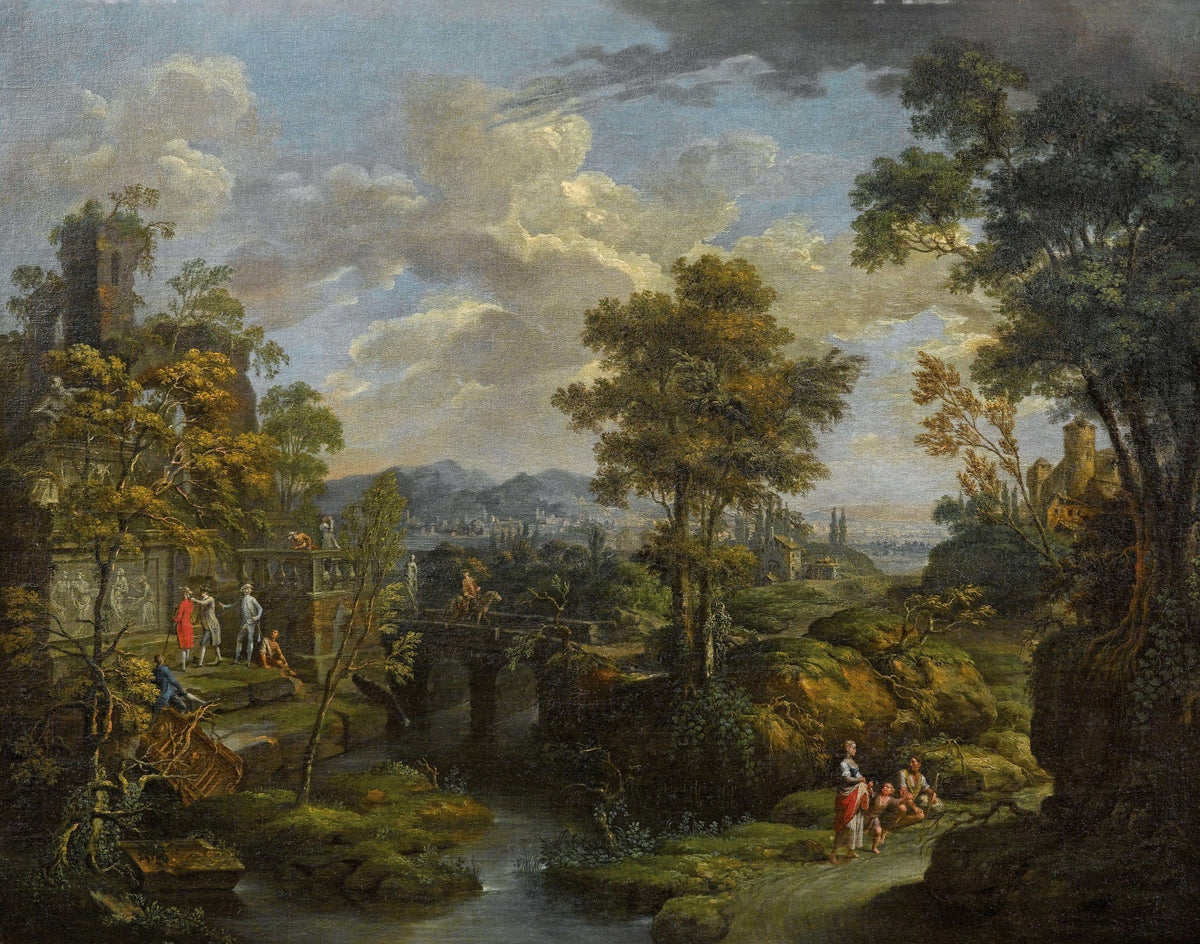 Hand-painted classical garden landscape with figures oil painting on canvas