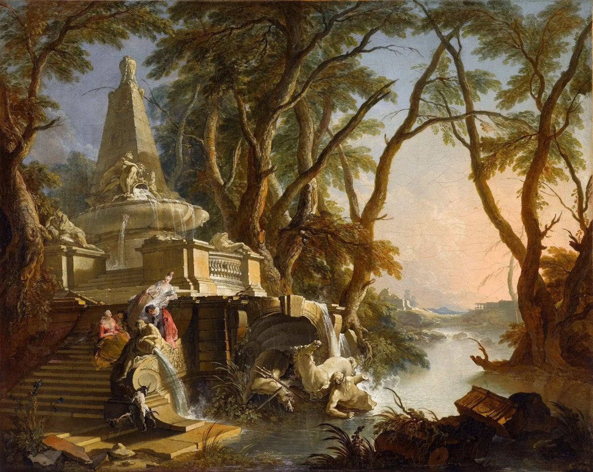 Classical garden fountain and river in hand painted landscape oil painting with textured brushwork on canvas. - Add Frame, Canvas, Garden, Hand Painted, Landscape, Made To Order, Oil Painting, River