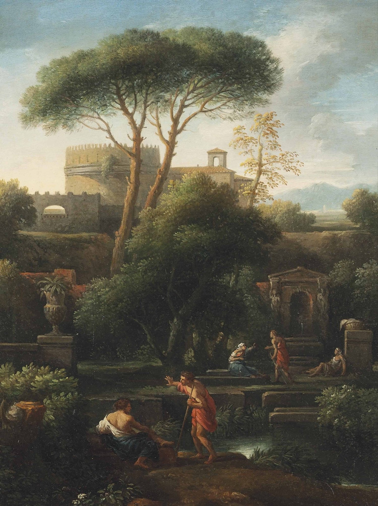 Hand-painted classical garden with pines and figures landscape oil painting on canvas