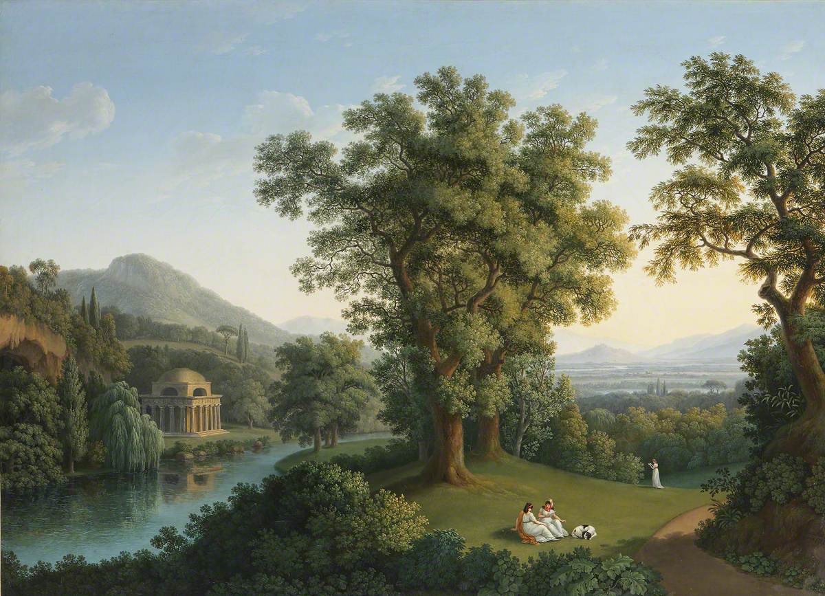 Hand-painted classical garden with temple and river landscape oil painting on canvas