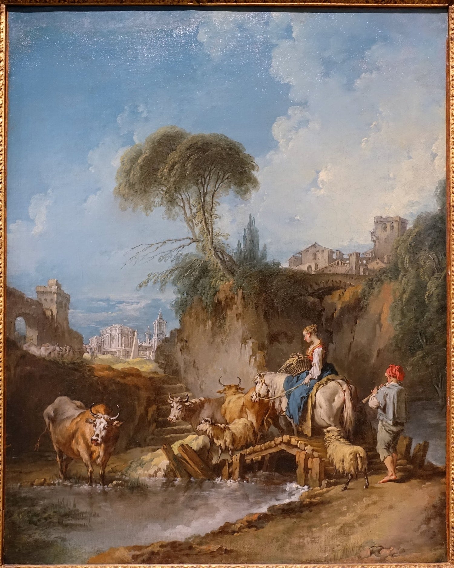Hand-painted classical herdsman crossing stream landscape oil painting on canvas