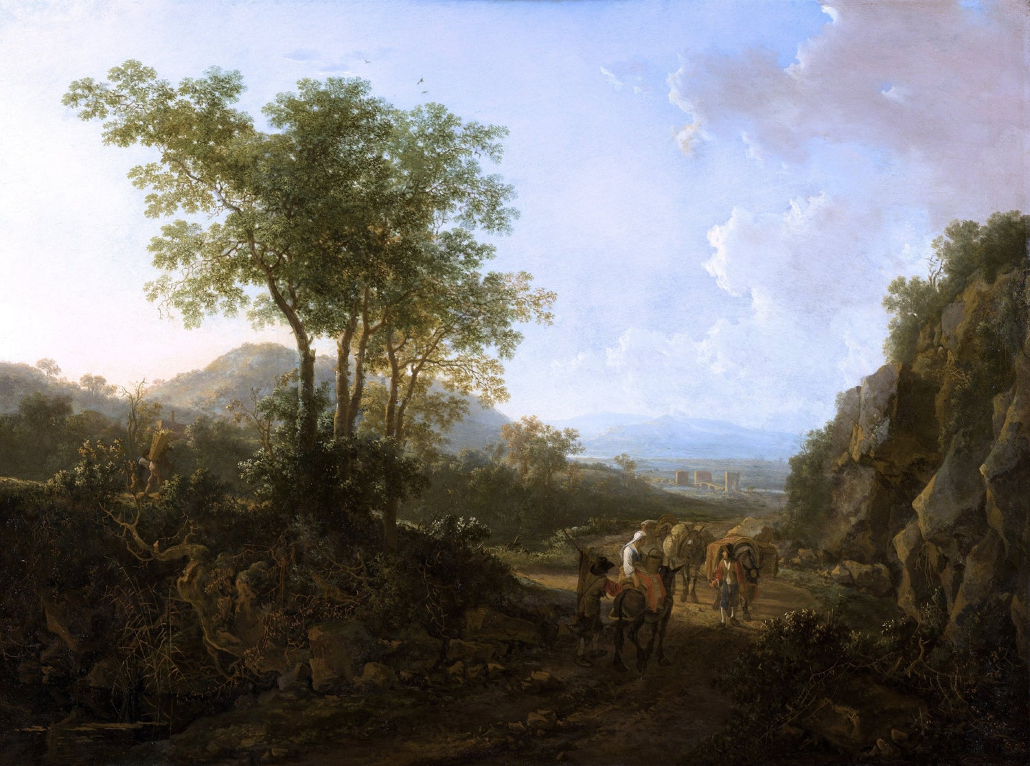 Classical Italian countryside landscape oil painting with hand painted textured brushwork, featuring tall trees, distant. - Add Frame, Canvas, Country, Figure, Hand Painted, Landscape, Made To Order, Mountain, Oil Painting