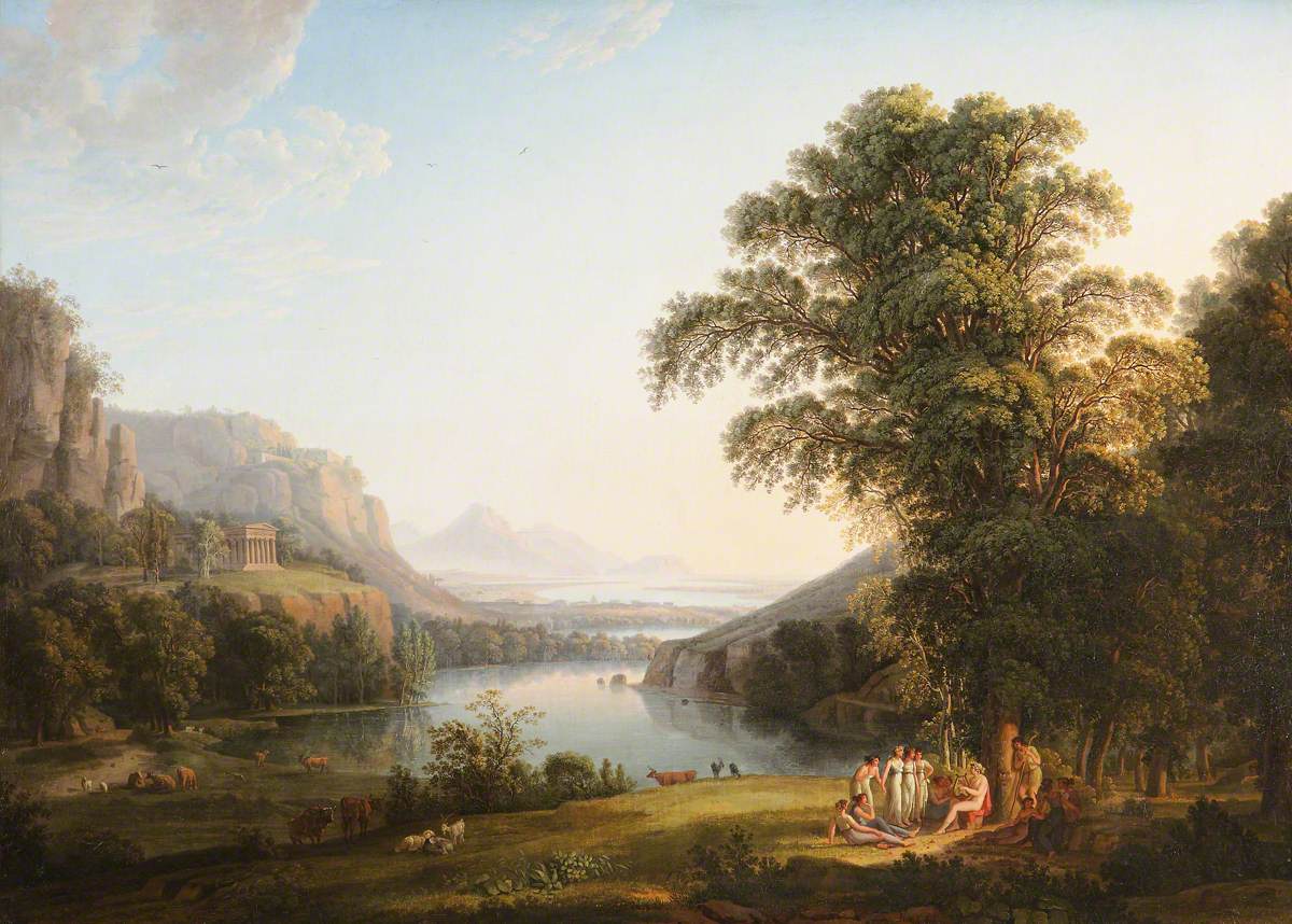 Hand-painted classical lake valley with figures landscape oil painting on canvas