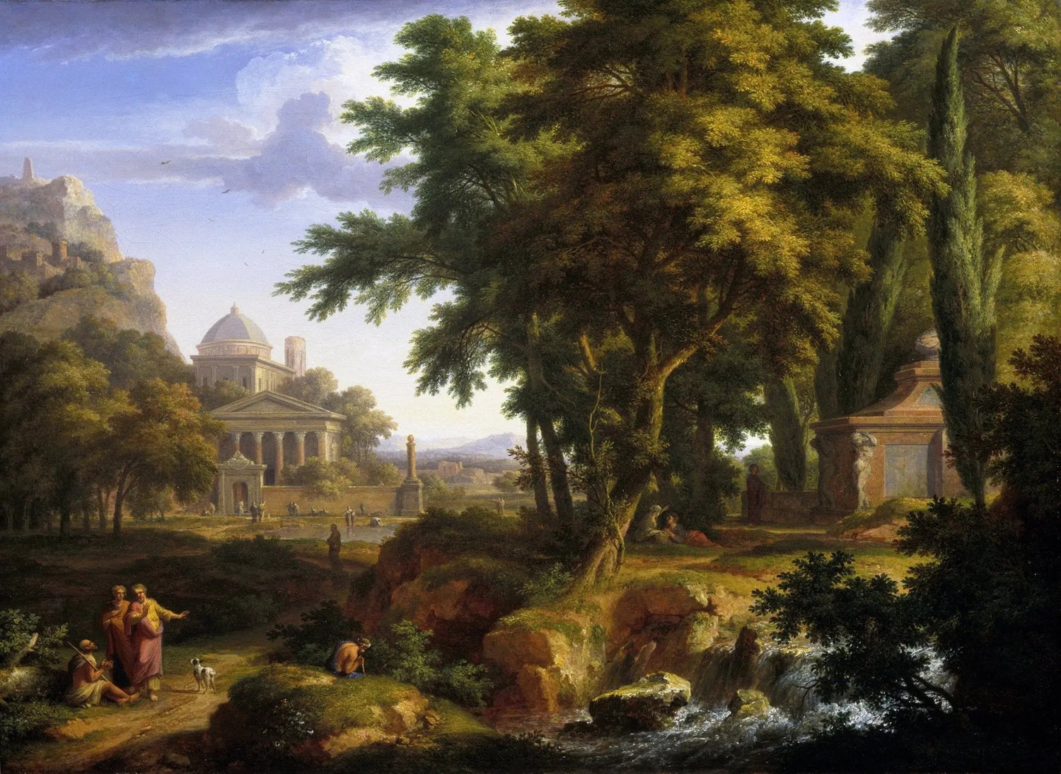 Classical landscape oil painting with detailed figures near river, hand painted oil on canvas with textured brushwork,. - Add Frame, Architecture, Canvas, Figure, Hand Painted, Landscape, Made To Order, Oil Painting, River