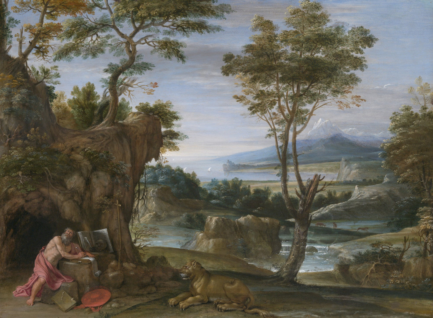 Hand-painted classical landscape with saint and lion oil painting on canvas