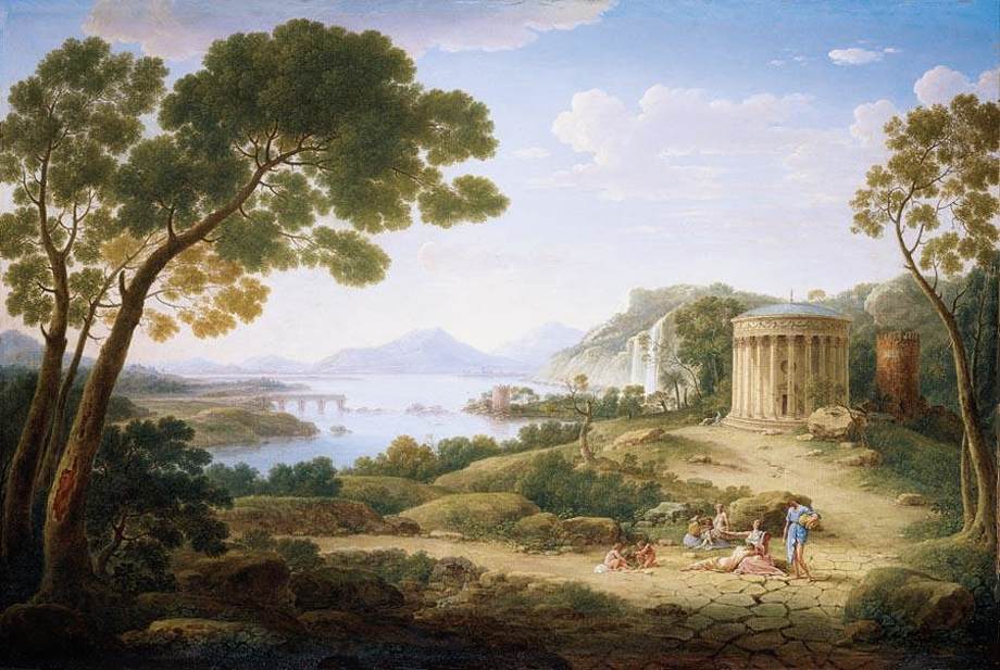 Hand-painted classical temple and lake vista scene landscape oil painting on canvas