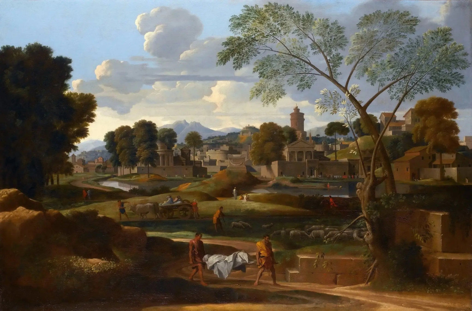 Classical village landscape oil painting with hand painted figures, rural elements, and textured brushwork on canvas. - Add Frame, Canvas, Country, Figure, Hand Painted, Landscape, Made To Order, Oil Painting, Village