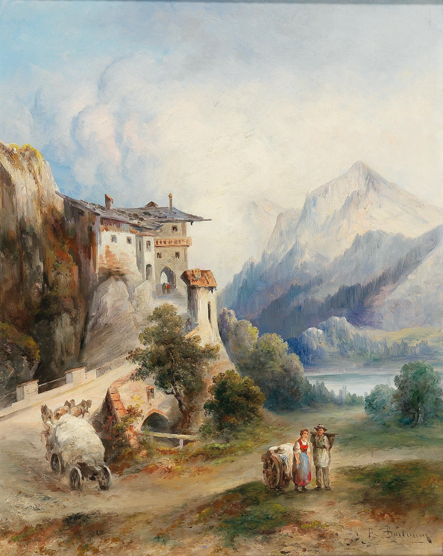 Landscape Oil Painting - Cliffside Historic Building, Mountain Lake - Oil Painting Haven