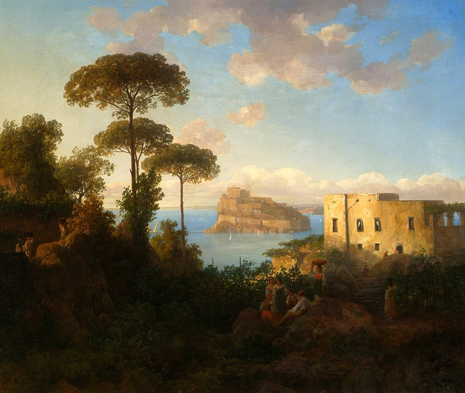 Hand-painted coastal bay with pines and island castle landscape oil painting on canvas