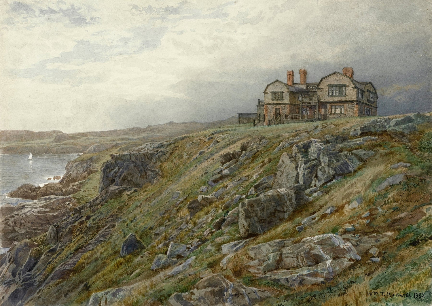 Landscape Oil Painting - Coastal Cliff House, Rocky Slopes & Seaside View - Oil Painting Haven
