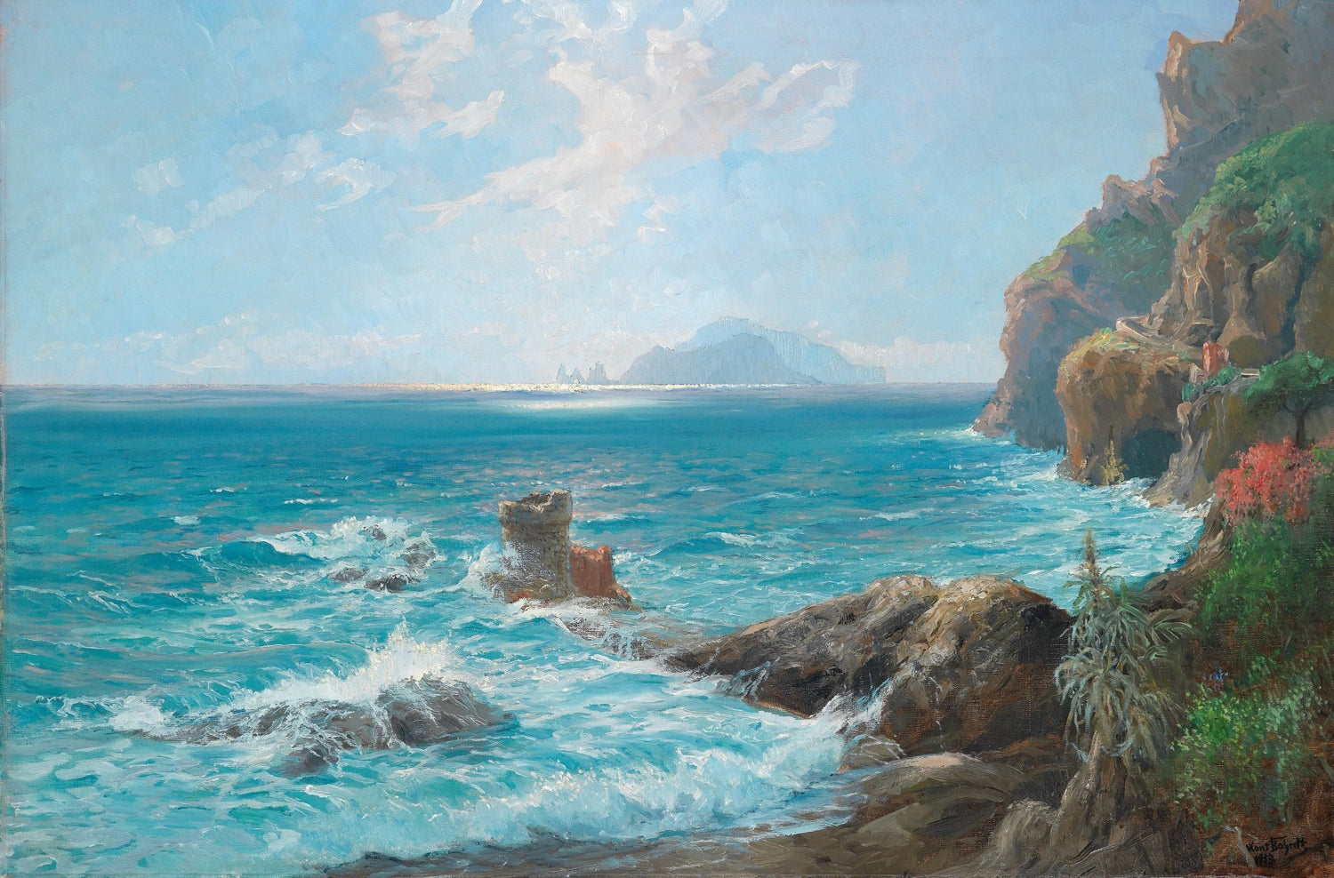 Landscape Oil Painting - Coastal cliff & waves rocks, distant island - Oil Painting Haven