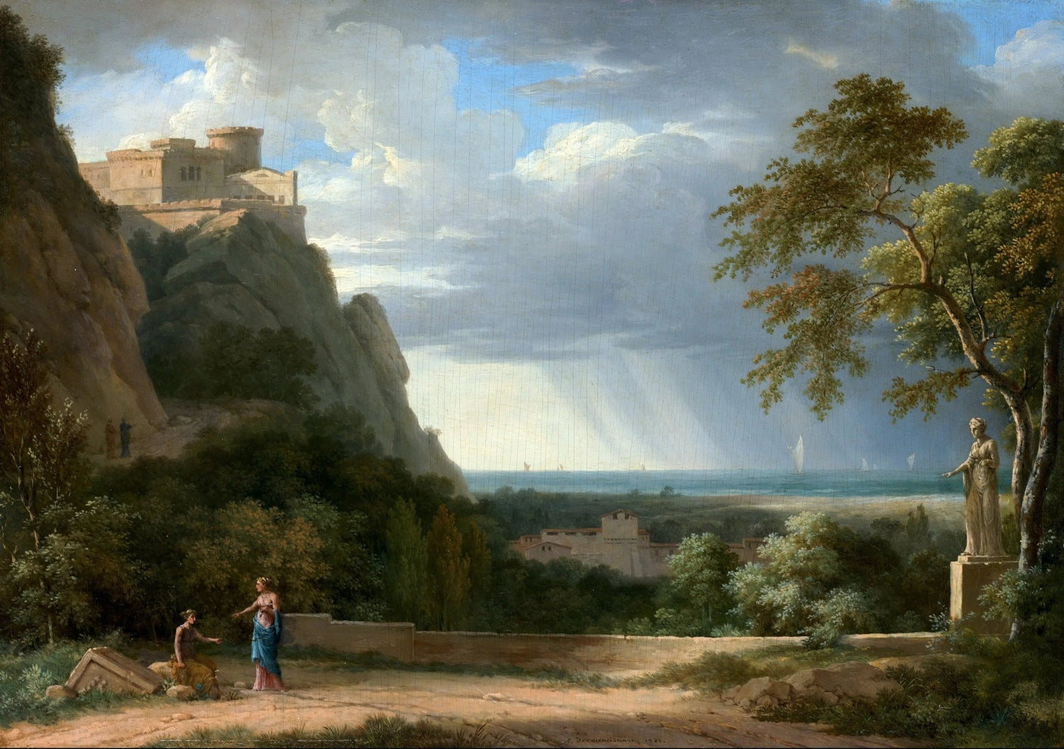 Landscape oil painting of a coastal cliff with a castle on top, figures near a path, oil on canvas with textured brushwork. - Add Frame, Architecture, Canvas, Castle, Coastal, Figure, Hand Painted, Landscape, Made To Order, Mountain, Oil Painting, Seascape