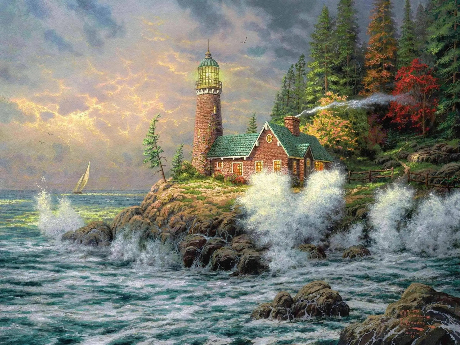 Landscape Oil Painting - Coastal Lighthouse with Crashing Waves - Oil Painting Haven