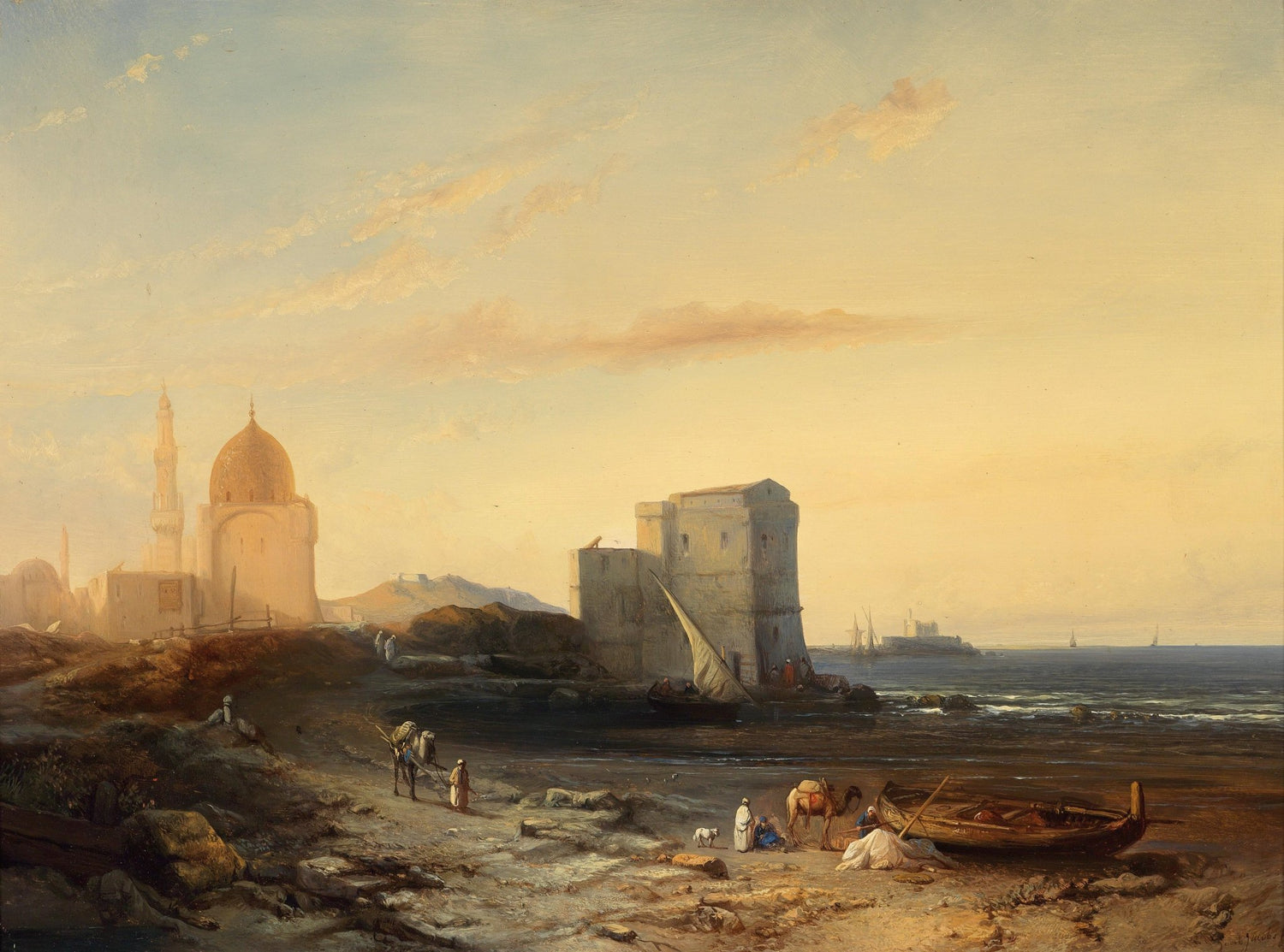 Landscape Oil Painting - Coastal Middle Eastern Town, Mosque, Camels - Oil Painting Haven