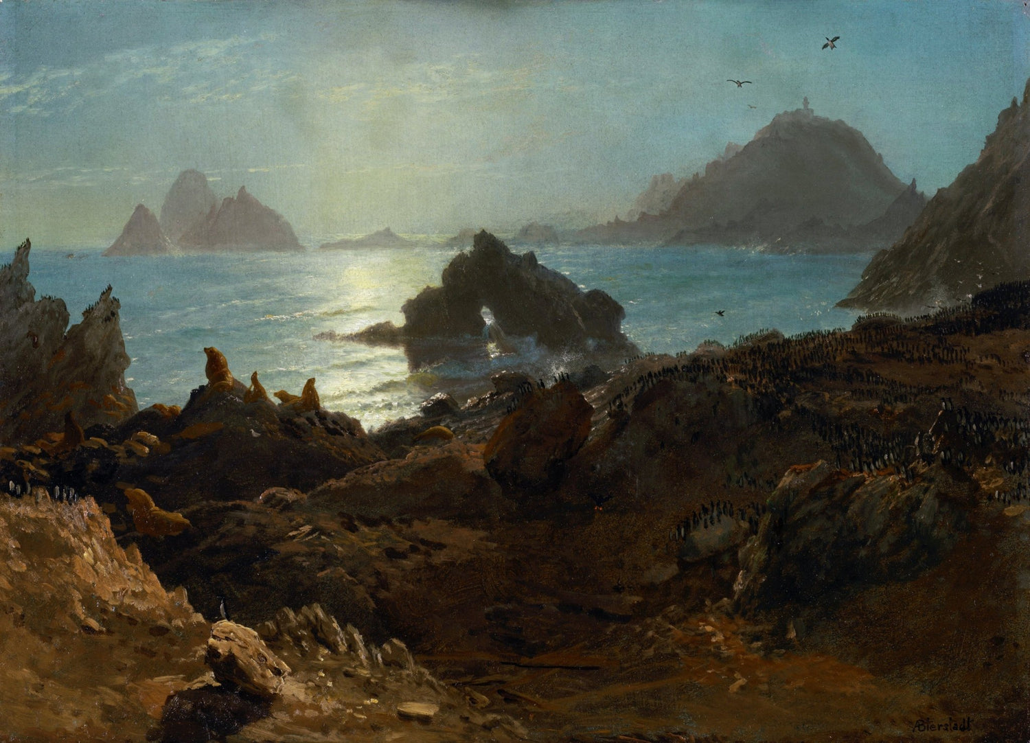 Peinture à l'huile de paysage - Rochers côtiers avec faune et mer