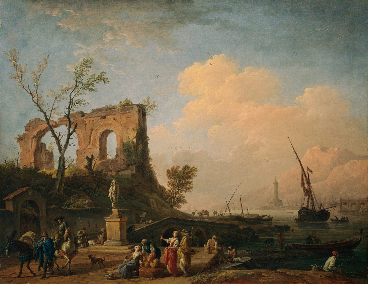 Landscape oil painting of coastal ruins with figures gathered near crumbling stone architecture by the sea, sailing ships in . - Add Frame, Architecture, Canvas, Coastal, Figure, Hand Painted, Landscape, Made To Order, Oil Painting, Seascape
