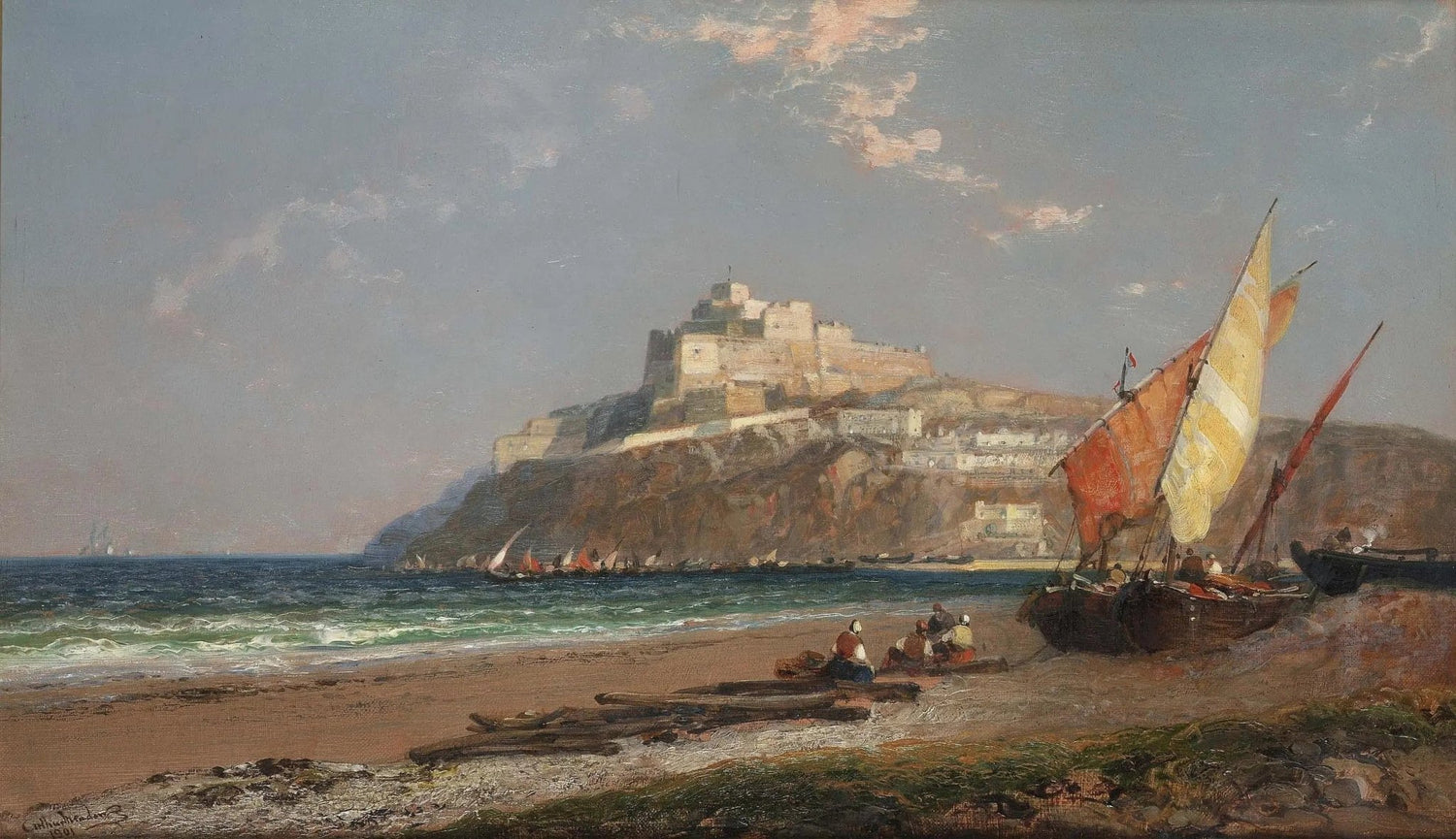 Landscape oil painting of a coastal scene with textured brushwork depicting a castle atop a cliff, a sandy shore, and a. - Add Frame, Architecture, Boat, Canvas, Castle, Coastal, Figure, Hand Painted, Landscape, Made To Order, Mountain, Oil Painting, Seascape