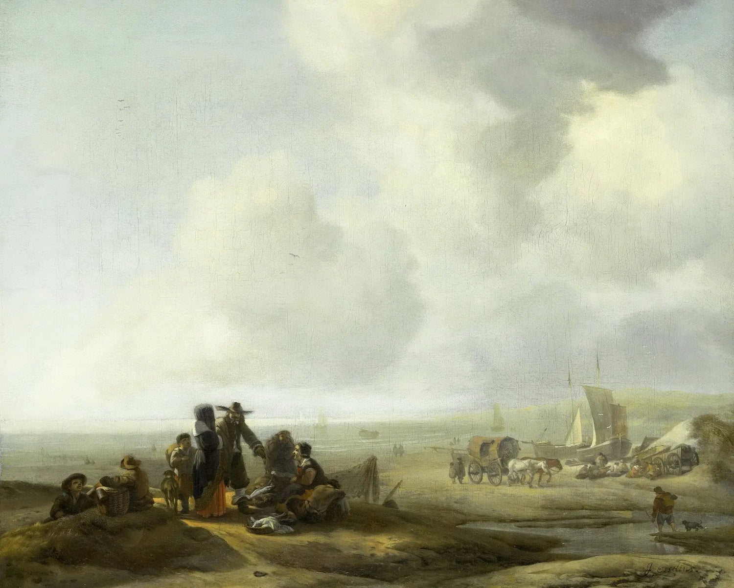 Landscape oil painting with coastal figures and ships under a cloudy sky, hand painted oil on canvas with textured brushwork . - Add Frame, Canvas, Coastal, Figure, Hand Painted, Landscape, Made To Order, Oil Painting, Seascape