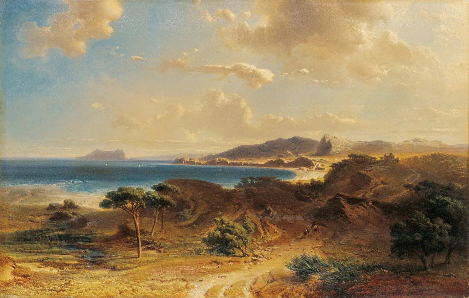 Hand painted landscape oil painting of a coastal scene with rolling hills, ocean view, and textured brushwork on canvas. - Add Frame, Canvas, Coastal, Hand Painted, Landscape, Made To Order, Mountain, Oil Painting, Seascape