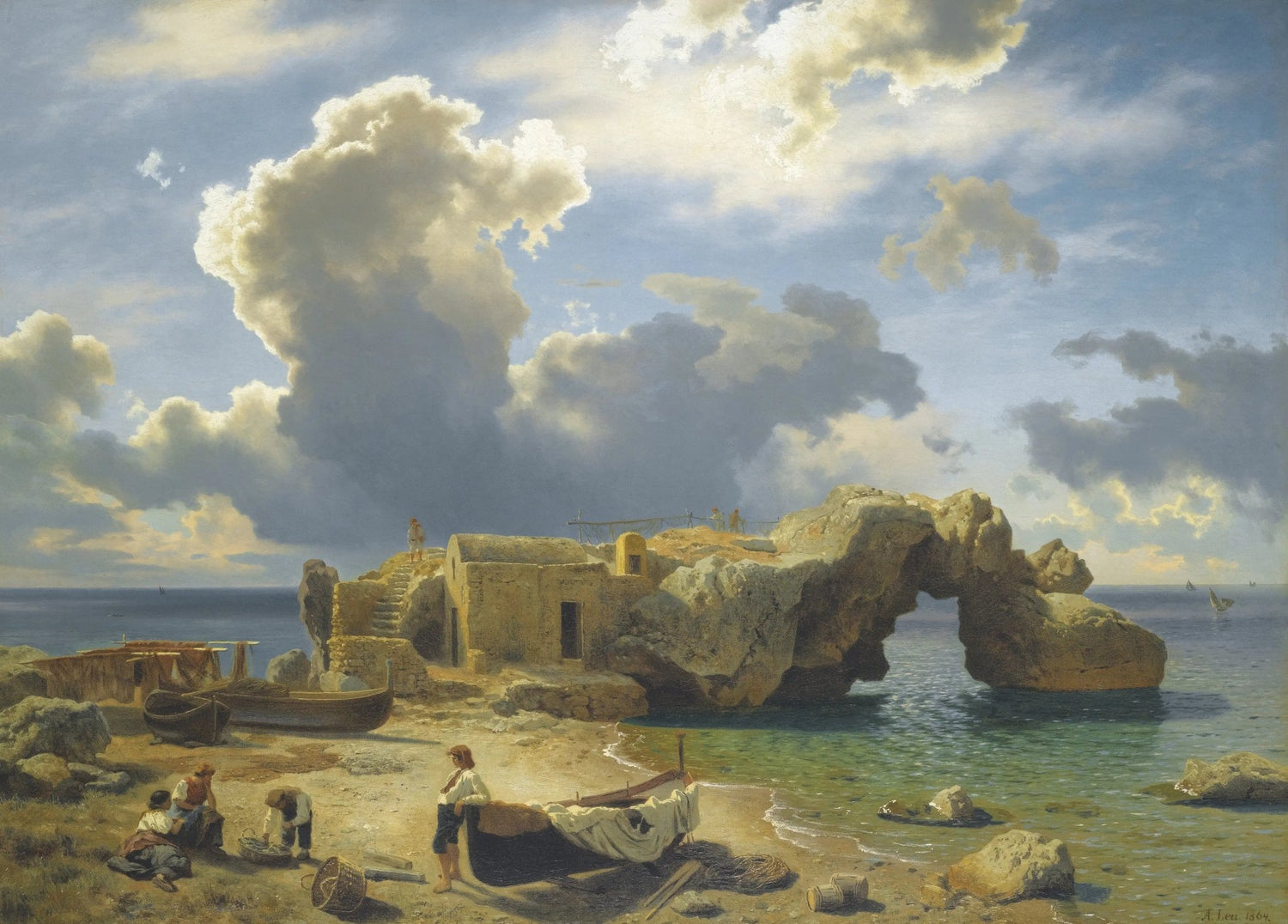 Landscape Oil Painting - Coastal Scene with Rocks, Boats & Figures - Oil Painting Haven