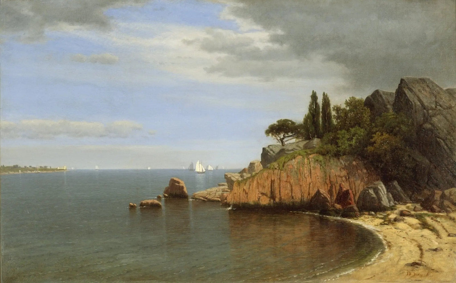 Hand painted landscape oil painting on canvas featuring coastal rocks, textured brushwork, and ships sailing under a cloudy. - Add Frame, Canvas, Coastal, Hand Painted, Landscape, Made To Order, Oil Painting, Seascape