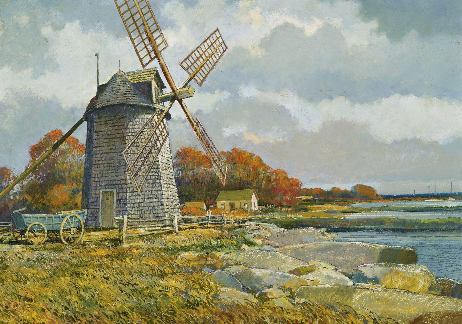 Landscape Oil Painting - Coastal Stone Windmill & Autumn Foliage - Oil Painting Haven