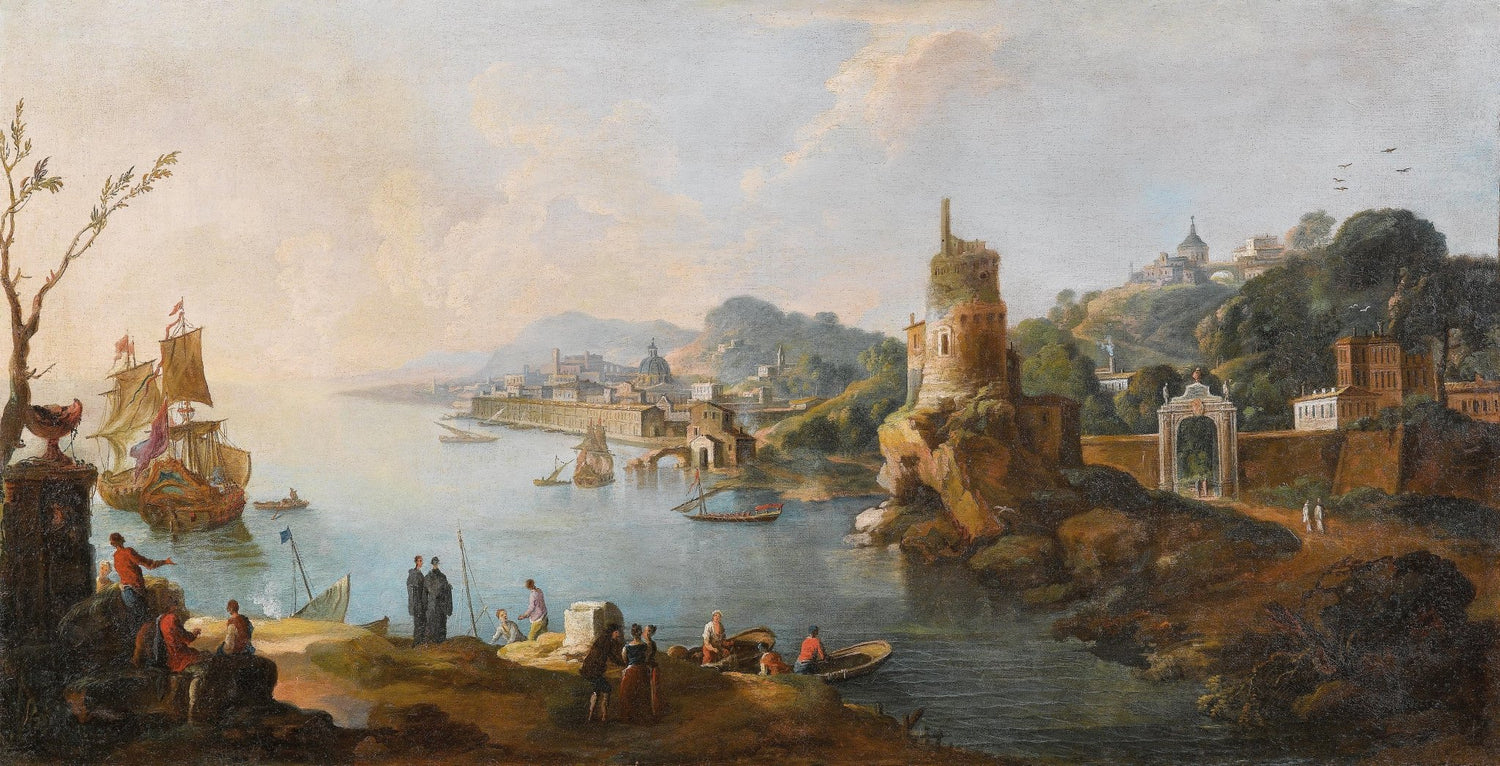 Landscape Oil Painting - Coastal Town, Rock Tower & Shore Crowds - Oil Painting Haven