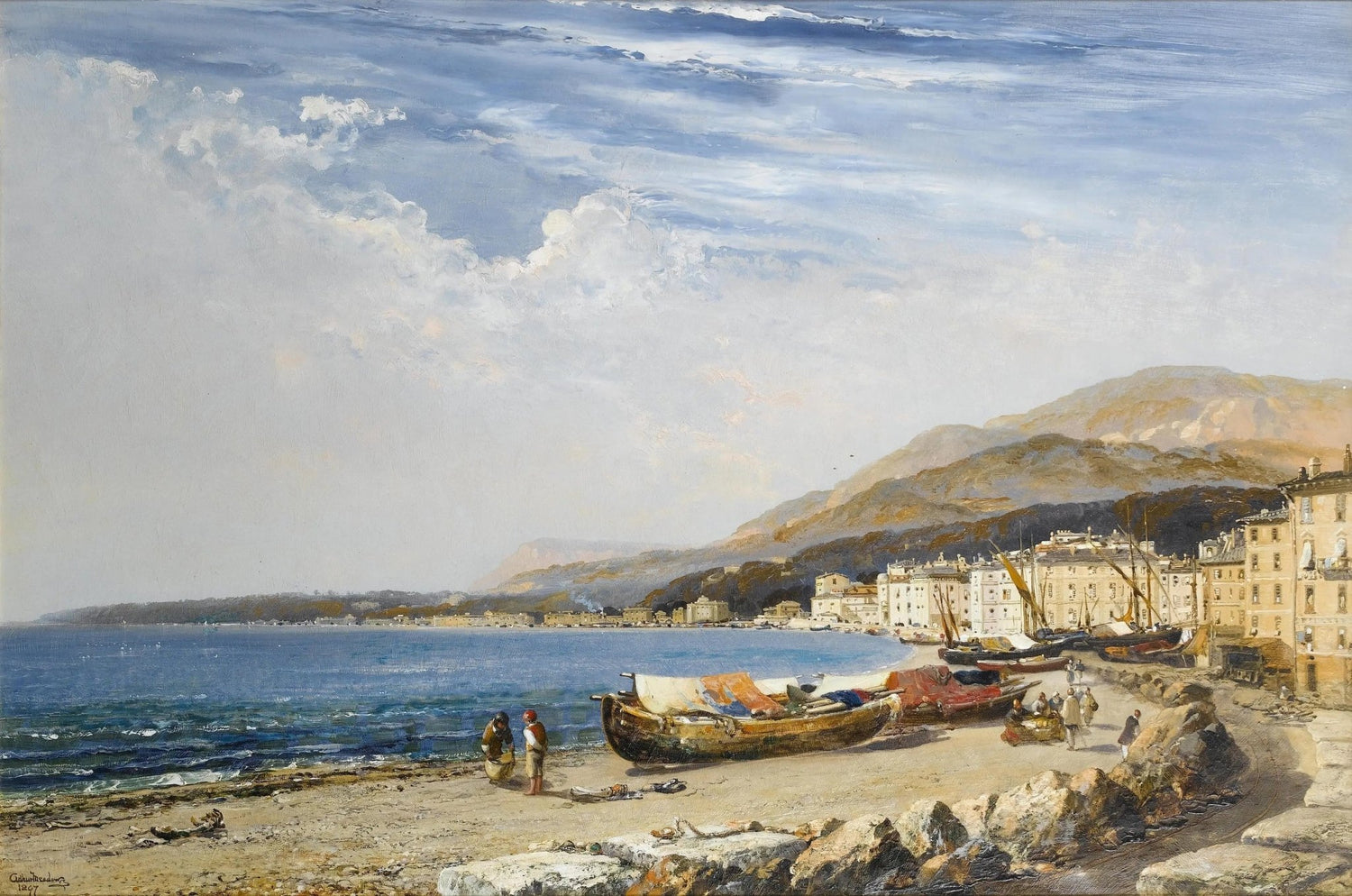 Landscape oil painting on canvas depicting a coastal town with boats and figures along the shoreline, textured brushwork. - Add Frame, Architecture, Boat, Canvas, Coastal, Figure, Hand Painted, Landscape, Made To Order, Mountain, Oil Painting, Seascape, Village